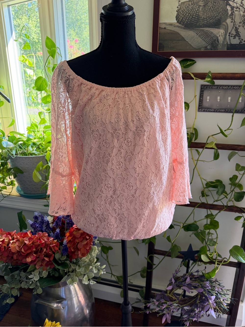 Sara Michelle Pink Lace Off-Shoulder Blouse